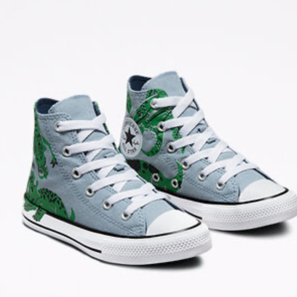 Converse All Star High Top Kids Size 3 Dinosaur Shoes Gray Green Canvas rare - Picture 3 of 14